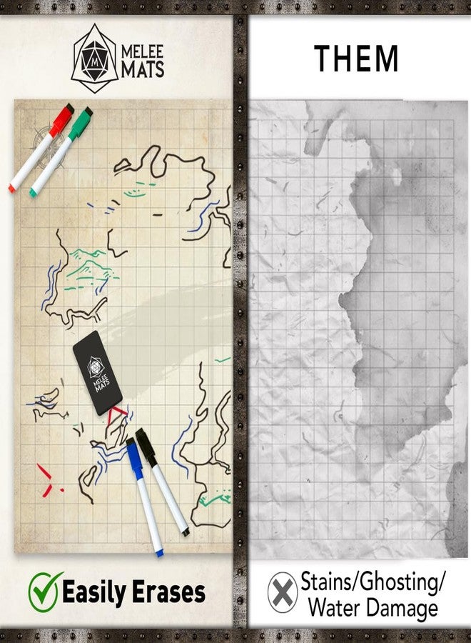 Melee Mats مجموعة خرائط بداية لعبة الاشتباك المباشر DND - 23 بوصة × 27 بوصة، وجهان، قابلة للمسح الجاف والرطب، شبكة تضاريس معركة لألعاب Dungeons and Dragons - مجموعة ألعاب لوحية مع ملحقات - Image 5